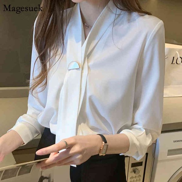 

women's blouses & shirts autumn long sleeve satin v-neck pullover white blouse solid button casual blusas 11054 cmu1