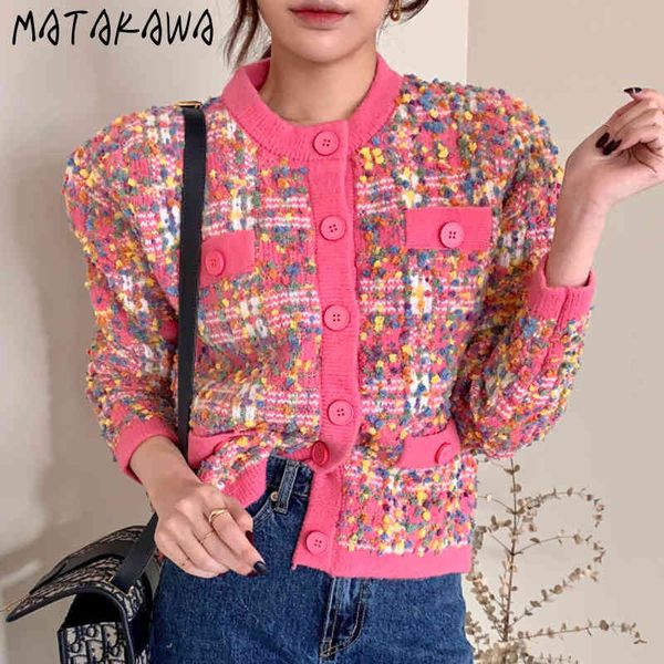 Matakawa Coreia chique moda em torno do pescoço único-breasted suéter mulheres embelezamento de partículas soltas de mangas compridas de malha Cardigan 210513