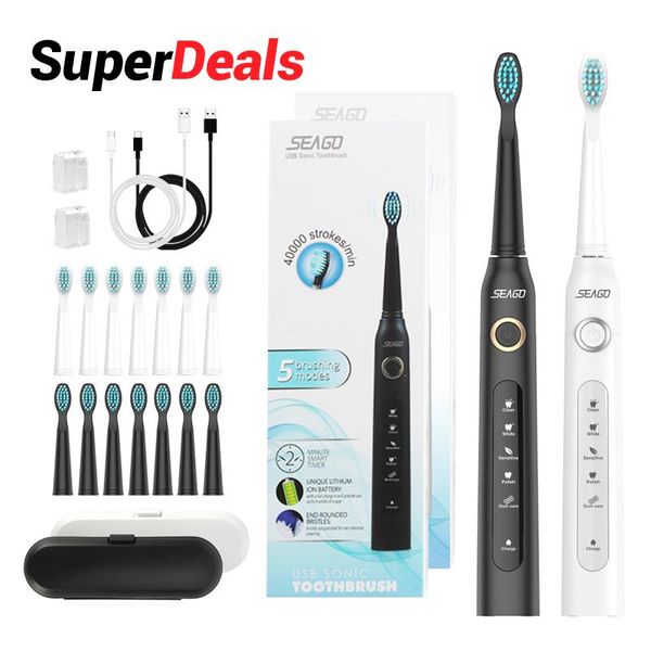 

smart electric toothbrush seago sonic sg-507 5 modes usb charge rechargeable waterproof tooth 16 brushes replacement heads set