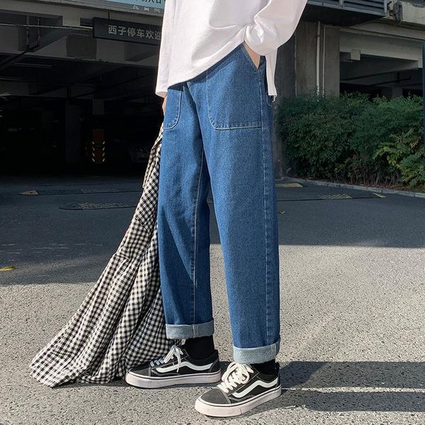 

printed wide leg oversize men's pants baggy jeans for men trousers cargo denim overalls boy, Blue