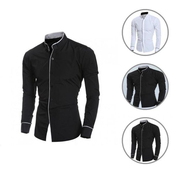 

men's casual shirts anti-wrinkle stand collar formal contrast color line autumn shirt for home, White;black