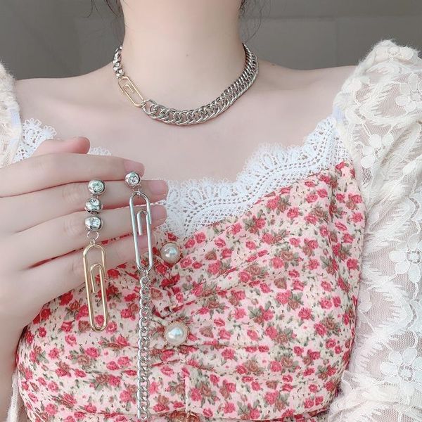 

chokers lovoacc retro chunky cuban chains necklaces for women gold color metal safety pin pendant choker necklace minimalist jewelry, Golden;silver