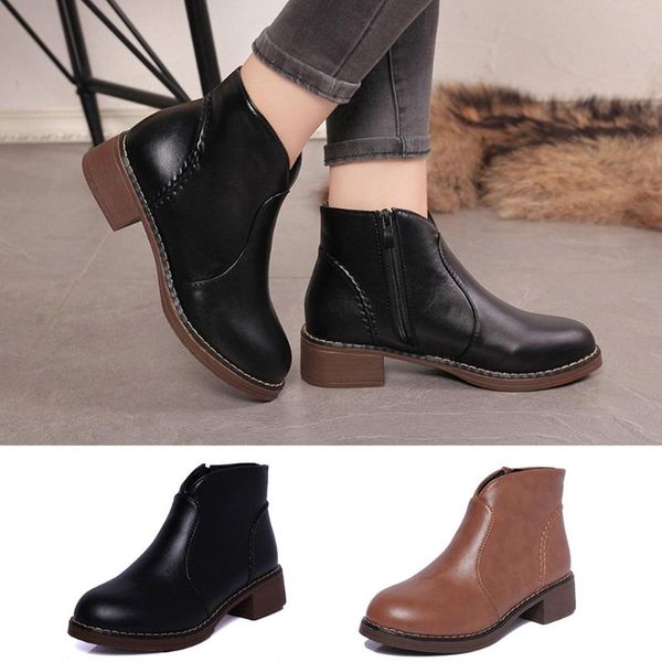 

boots women fashion solid leather middle zipper thick outdoor pu winter classic round toe female shoes sep#, Black