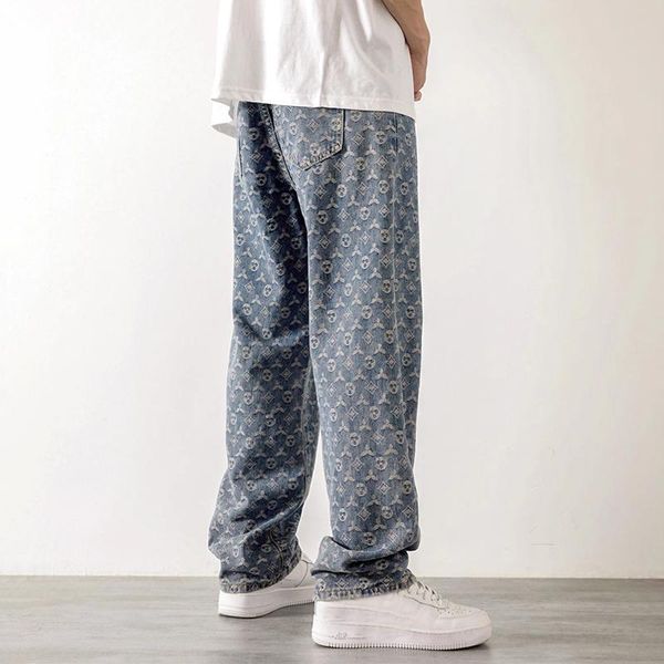 

men's jeans american jacquard men autumn summer thin street ruffian handsome loose leg pants straight tube drop mop -40, Blue
