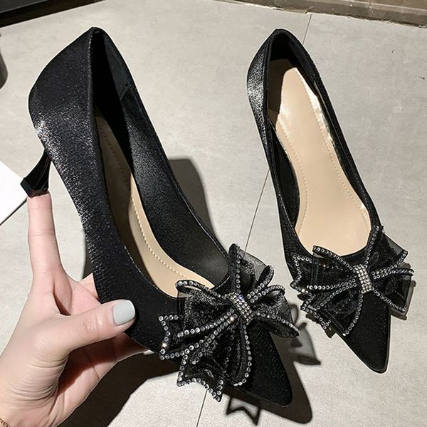 

sandals female flock rhinestone slip on thin heel shoes pointed toe party women design dropship pumps, Black