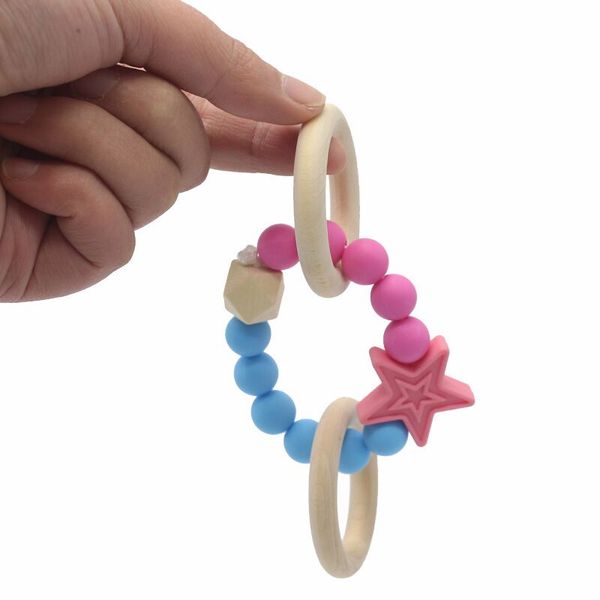 

baby teether rings food grade wood teething ring soothers shower play round wooden bead chew toys newborn silicone teethers
