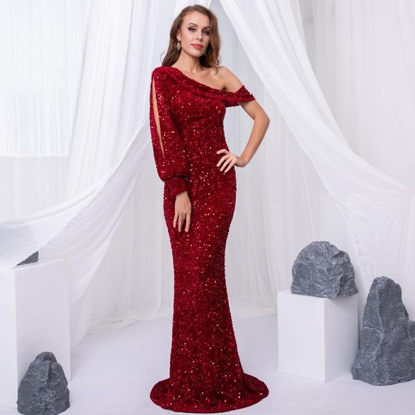 

casual dresses one split shoulder sparkles stretch sequin evening night dress off mermaid floor length bobydon party red, Black;gray