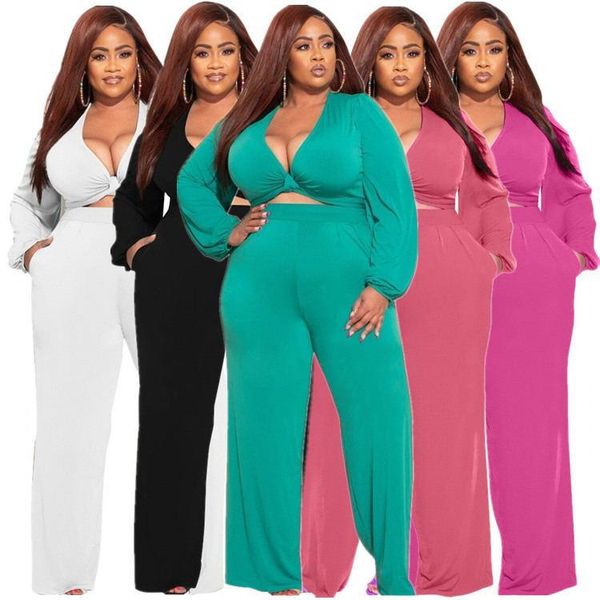 

women's two piece pants plus size clothing fall 2021 clubwear suits charming deep v neck lace up loose pure color sets, White