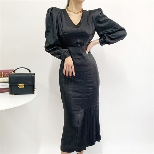 

chic temperament v-collar single-breasted pleated gloss lace-up thin high-waisted lantern sleeve dress long loose retro 210603, Black;gray