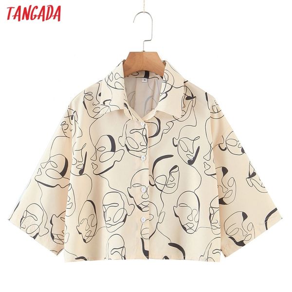 

women retro print beige crop oversized short sleeve summer chic female shirt 3z78 210416, White