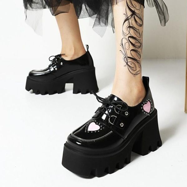 

dress shoes sweet heart-shaped high platform square heel round toe women spring comfort lace up outdoor fashion, Black