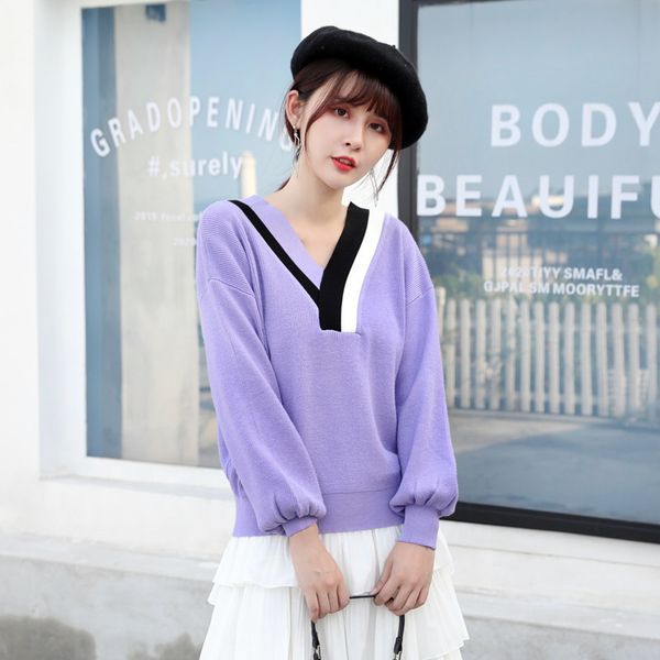 

women korean knitted pullovers autumn winter v neck long sleeve loose jumper fashion warm casual streetwear sweater 210419, White;black
