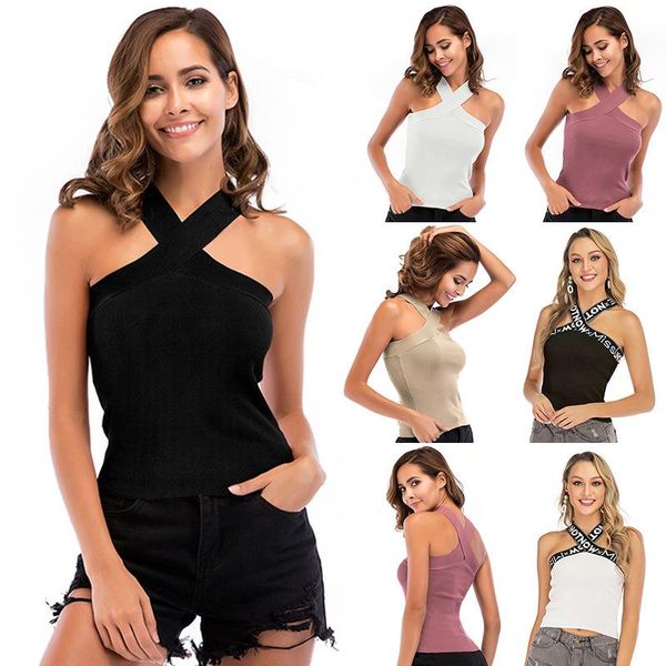 

women's tanks & camis european and american solid color slim open back cross knitted halter vest in summer 2021, White