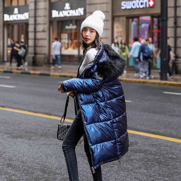 

new women long coat parkas female glossy winter warm thicken faux fur coats silver down jacket parker jacket coat 210413, Black