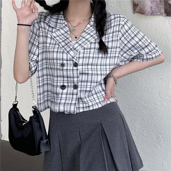 

women's blouses & shirts houzhou plaid women short sleeve cardigan vintage checkered office white blouse button up girl korean fashion