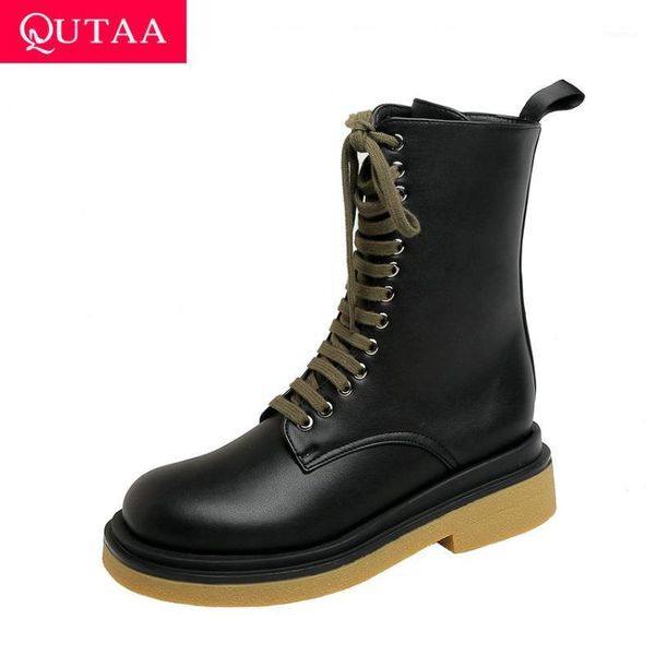 

boots qutaa 2021 winter lace up zipper mid calf square heel pu leather women shoes casual round toe short size 34-401, Black