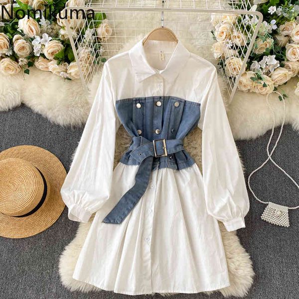 

nomikuma korean demin patchwork blouse dresses belt slim waist elegant a-line mini vestidos puff sleeve women dress 6d695 210427, Black;gray