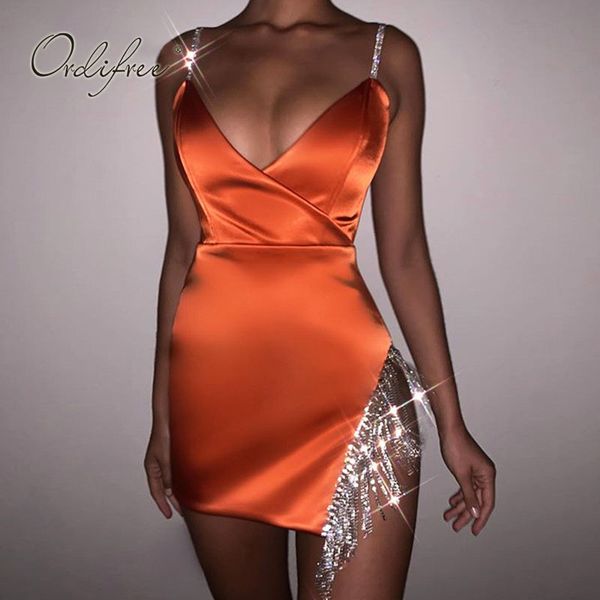 Laranja verão mulheres cetim mini espaguete cinta sexy bodycon diamante seda vestido de deslizamento 210415