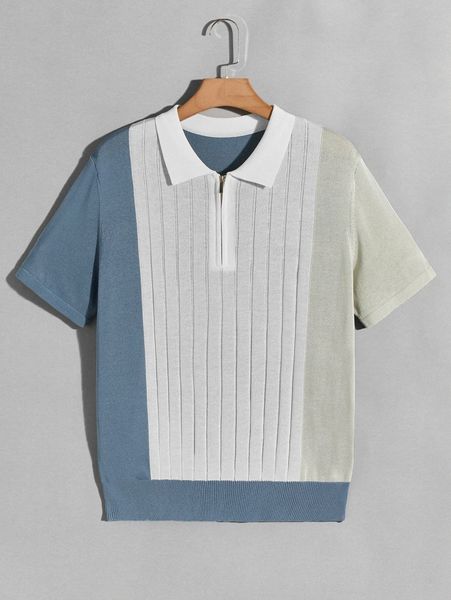 

men color block zip half placket knit n1y3#, White;black