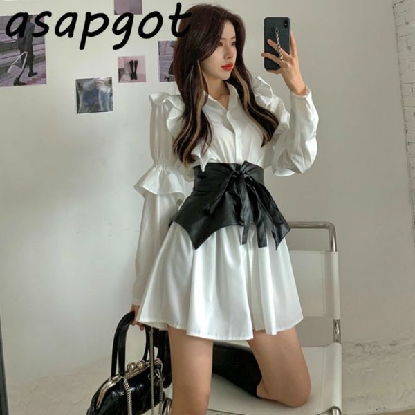 

loose white lapel ruffles flare sleeve shirt dress short with belt chic korean fashion casual slim waist office lady temperament 210429, Black;gray