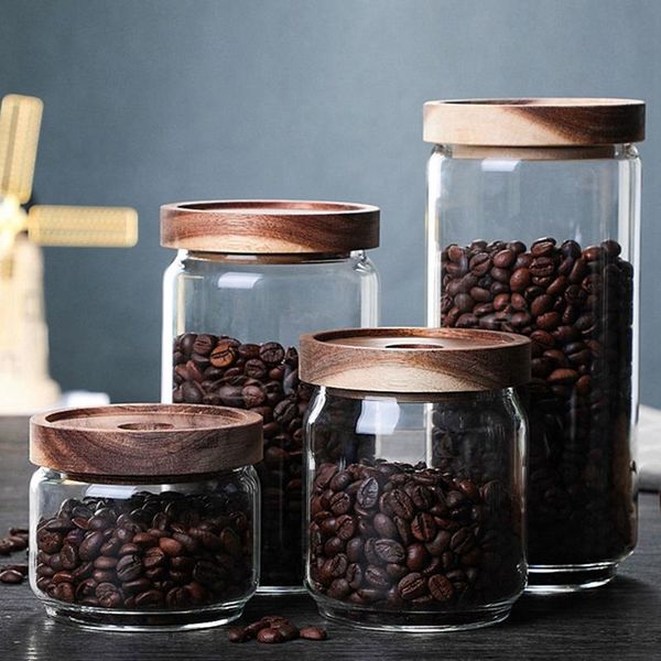 

storage bottles & jars wood lid glass airtight canister kitchen bottle jar sealed container tea coffee beans grains candy