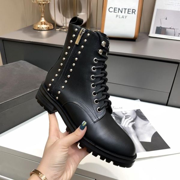 

boots women shoes size35-41 round toe mid heels lace up genuine leather rivet zipper ankle platform zapatos de mujer, Black