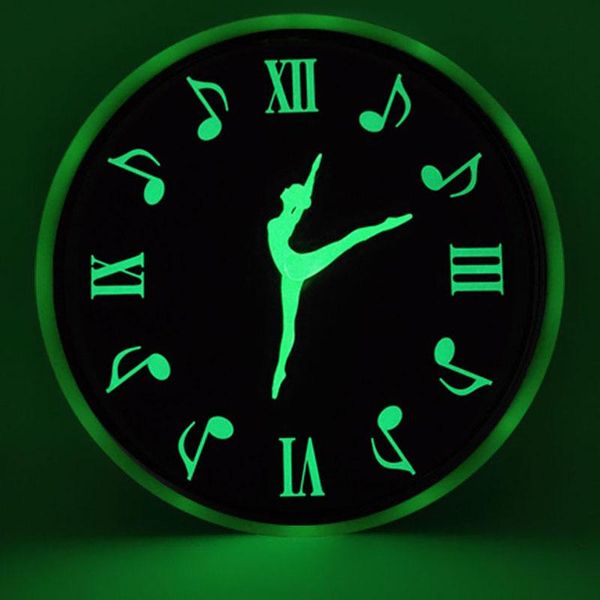 

wall clocks 12 inch dancing notes luminous clock glow in the dark for bedroom living room hanging modern mute home decoration