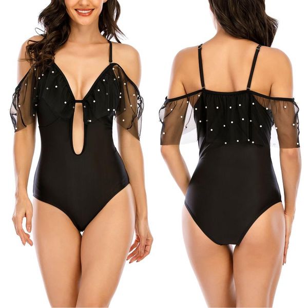 

women's spot printing swimsuit, classic mesh sleeve sling bodysuit, low collar high waist swimming suit swimwear, White;black