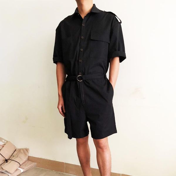 

men's pants japanese men tooling simple jumpsuits tide retro loose short-sleeved jumpsuit casual, Black
