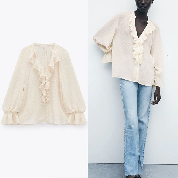 

blouses ruffle dot tulle shirt women long sleeve summer blouse see through vintage female fashion button up blouses, White