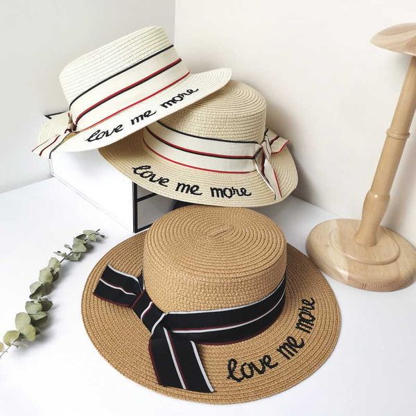 

elegant women's summer hat sun protection cap female flat wide brim embroidered letters straw beach s 210531, Blue;gray