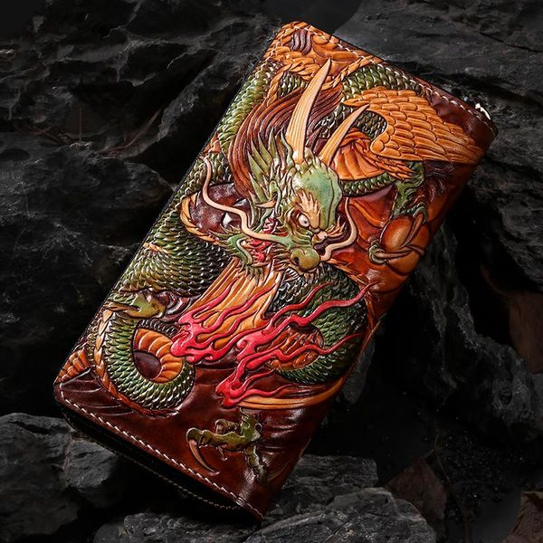 

wallets handmade carving double dragon blessing purses men long clutch vegetable tanned leather wallet card holder, Red;black