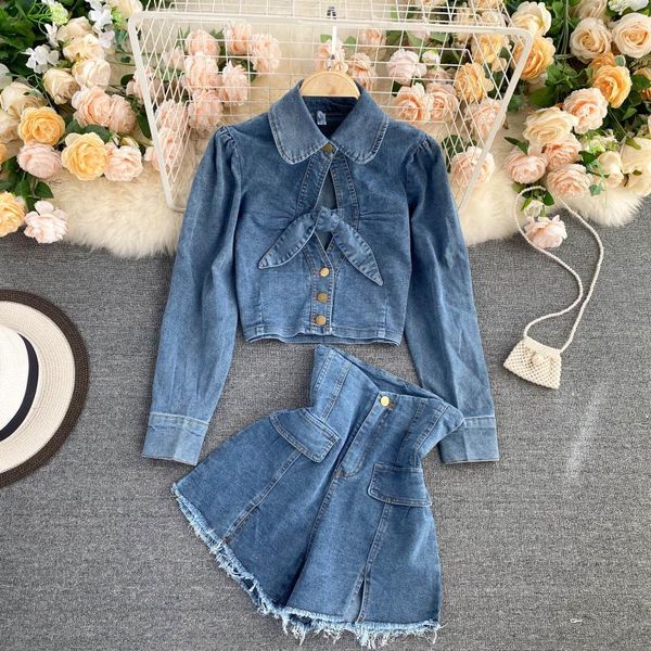 

two piece dress women's retro scheming cut short , women's high-waisted slim skirts, denim two-piece suit smop, White