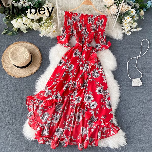 

boho vintage ruffles floral print 2021 split off shoulder dress summer maxi long party women irregular beach holiday dress, Black;gray