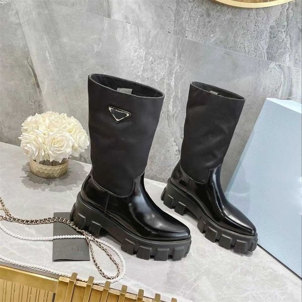 

designer monolith glossy leather boots women leather knight thick soled luxury brand high combat low mid heeled pointed round toe fashion bo, Black