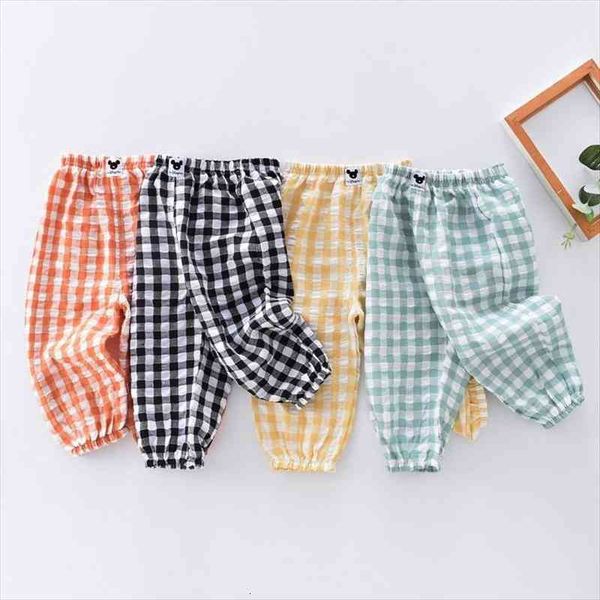 

summer babys anti mosquito pants childrens clothing loose plaid air conditioning lantern girls casual thin bloomers, Blue