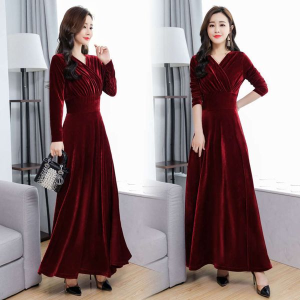 

casual dresses dress spring and autumn winter golden velvet large size sleeve swing temperament v-neck qipao women's long skirt nnhz, Black;gray