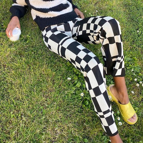 

women's pants & capris za 2021 women plaid print streetwear casual irregular panelled trousers ladies vintage high waist straight y2k, Black;white