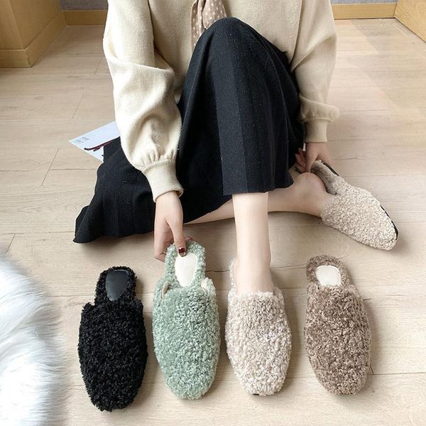 

winter women's curl fur warm slippers woman indoor shoes slides ladies flip flops flats comfort lambswool lazy 2021, Black