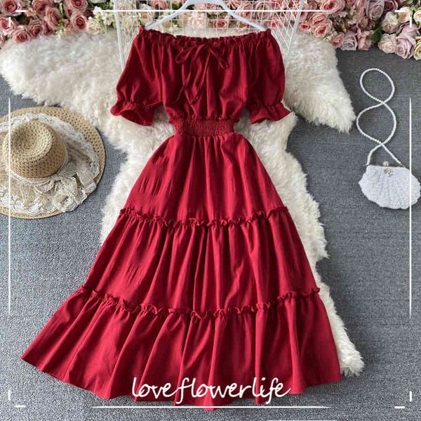 

loveflowerlife spring summer vintage puff sleeve dress a line slash neck chiffon pullover mid-calf women dresses 210521, Black;gray