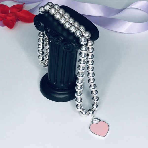 

chains ladies 1:1 s925 sterling silver simple heart shape epoxy pendant 8mm round bead necklace, valentine's day jewelry gift