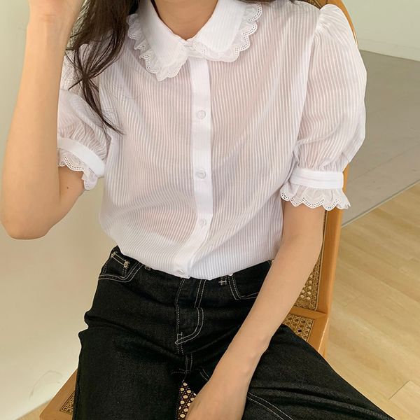 

blusas women white lace hook flower hollow striped blouse lapel puff sleeve shirt fashion spring summer 210510