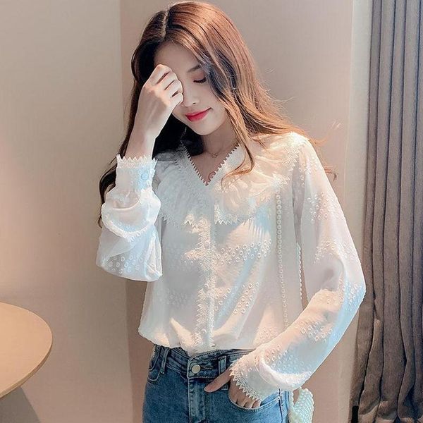 

women's blouses & shirts white chiffon long sleeve stitching lace v-neck shirt spring polka dot blouse women blusas ropa de mujer