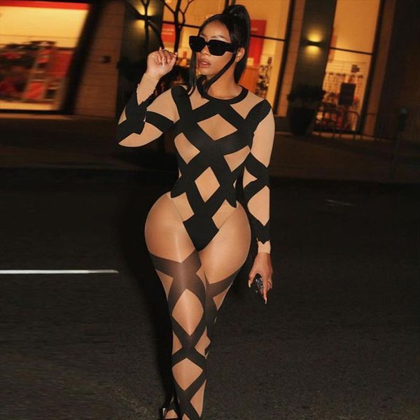 

casual cross striped set womenpant bodysuit long leggings sheer mesh party night clubwear outfit clothes for, White