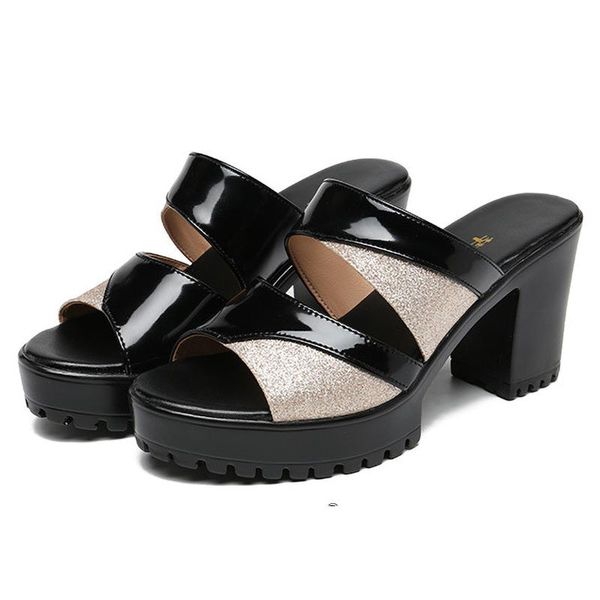 

large size women slippers patent leather shoes red black block heels summer platform wedding bride for ladies