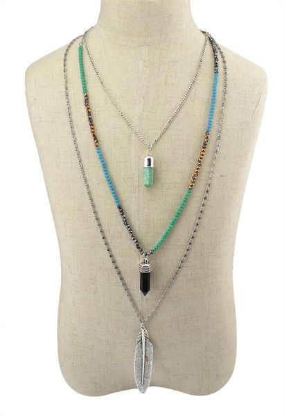 

fashion multilayer chain necklace hexagonal column natural stone leaf pendant gift for women necklaces, Silver