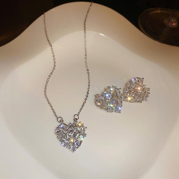 

chains the 2021 han guochao fairy shining diamond stud earrings necklace love collarbone chain accessories female, Silver