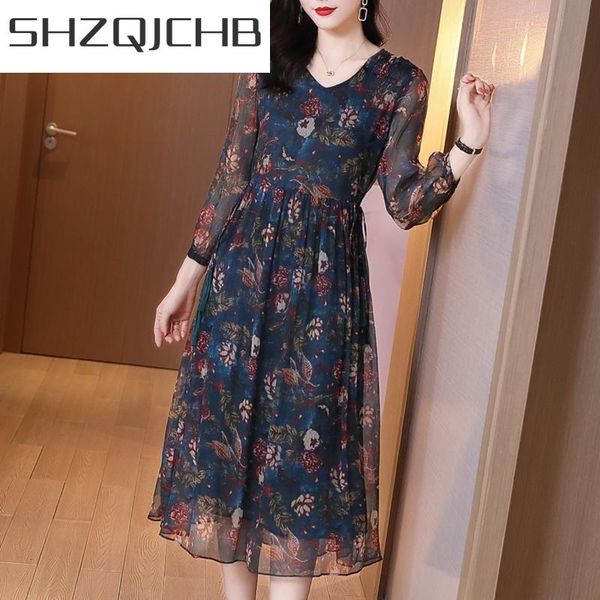 

silk 100% dress woman spring summer floral korean elegant dresses for women clothes long sleeve ves casual, Black;gray
