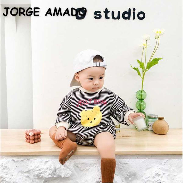 

spring korean style baby girl bodysuit cartoon bear striped letters cute kids born jumpsuit e1002 210610, Blue