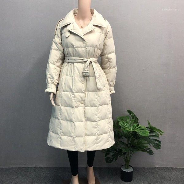 

women's down & parkas duck jacket women hepburn style princess loose waist closing belt long windbreaker elegant temperamental warm par, Black